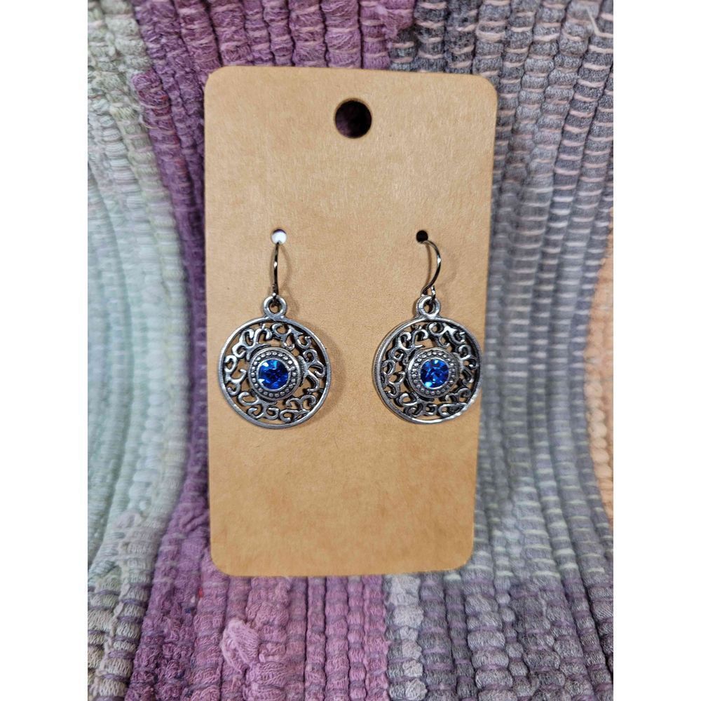 (3 for $15)~JoMa~ Silvertone Medallion Earrings with Blue Austrailian Crystal- N